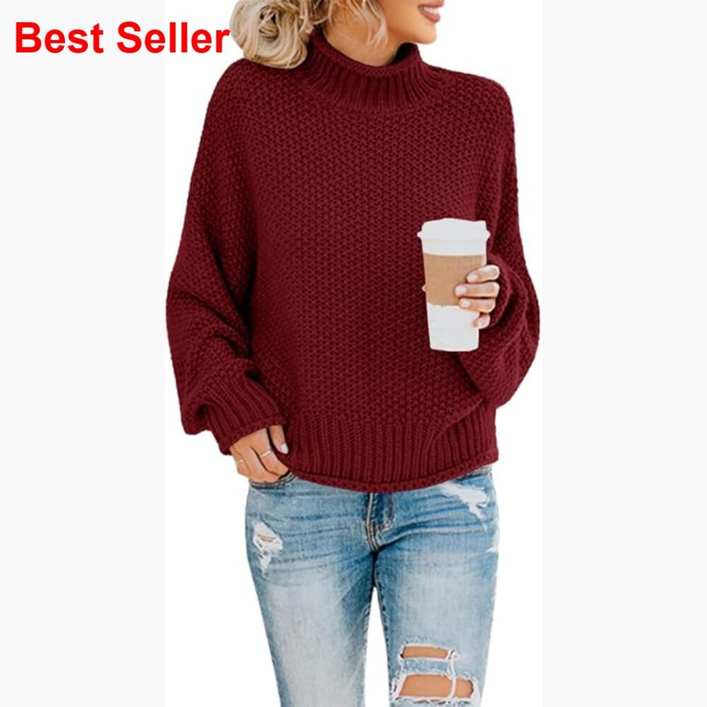 Oversized Turtleneck Sweater Batwing Sleeve Pullover Chunky Knit